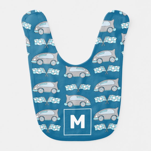 Race Car Pattern Monogram Blue Baby Boy Bib (Front)
