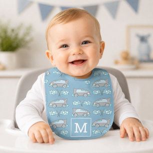Race Car Pattern Monogram Blue Baby Boy Bib