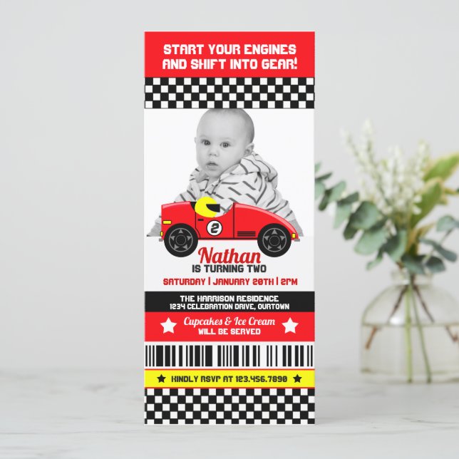Race Car Photo Template Birthday Party Invitation (Standing Front)