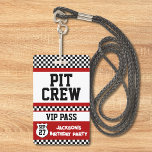 Race Car Pit Crew VIP Pass Kids Birthday  Badge<br><div class="desc">This car race themed birthday design is a thrilling and exciting design for kids who love cars and racing. The checkered flags along with bold typography and combination of red, white and black colors create this design visually appealing and engaging. This design can be a memorable and fun experience for...</div>