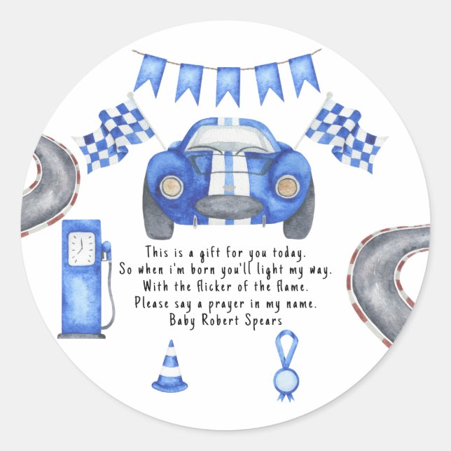 Race car. Prayer candle label (Front)