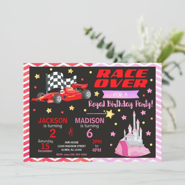 Race Car & Princess Joint Birthday Invitation (Standing Front)