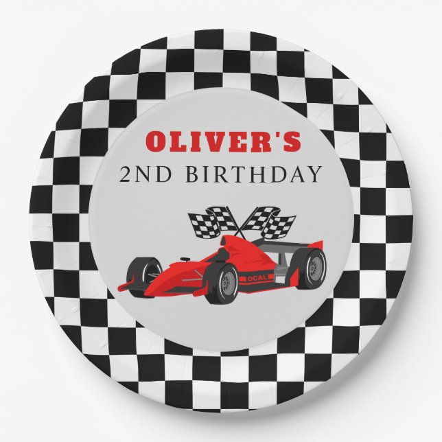 Race Car Race Birthday Party Checkered Paper Plate (Front)