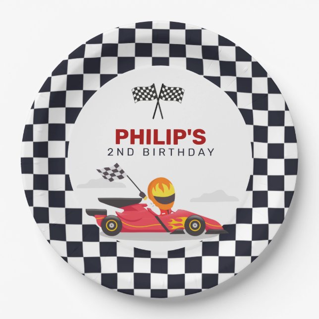 Race Car Race Birthday Party Checkered Paper Plates (Front)