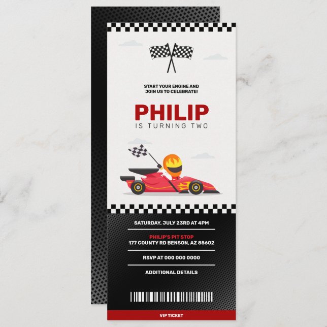 Race Car Racing Boy Birthday Party Ticket Invitation (Front/Back)