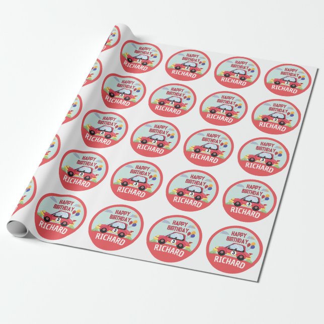 Race Car Racing Kid's Birthday Theme Wrapping Paper (Unrolled)