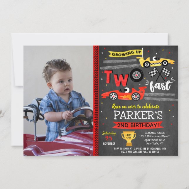 Race Car Racing Two Fast 2nd Birthday Invitations (Front)