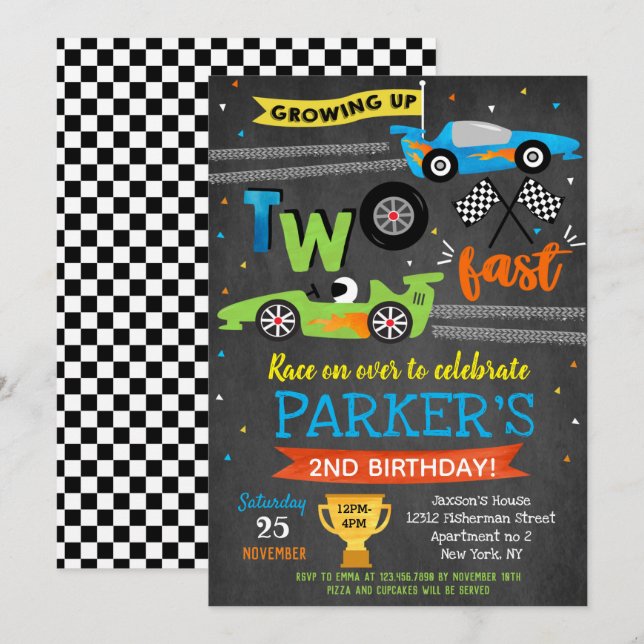 Race Car Racing Two Fast 2nd Birthday Invitations (Front/Back)