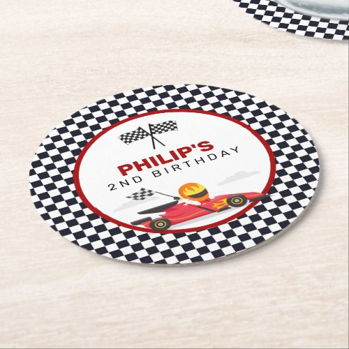 Race Car Racing Two Fast Boy Birthday Party Round Paper Coaster