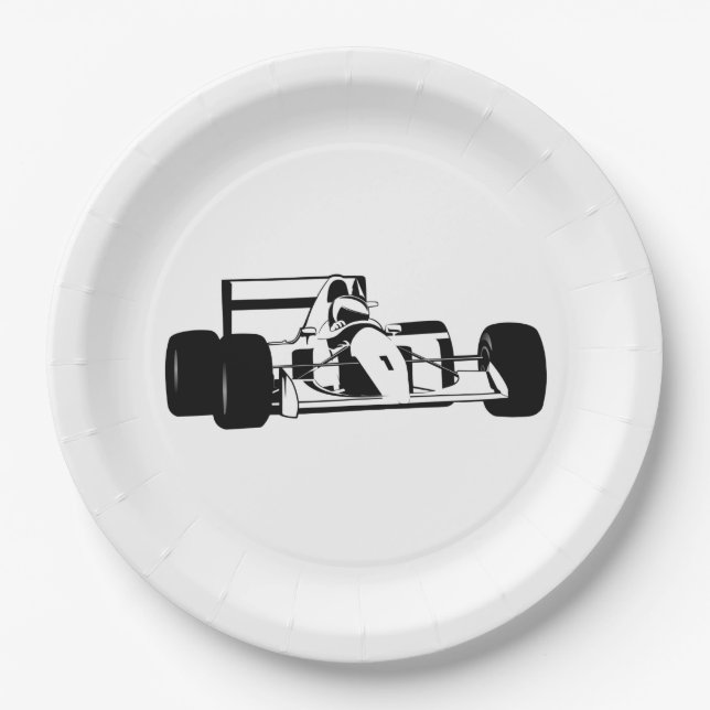 Race Car Silhouette black and white Paper Plates (Front)