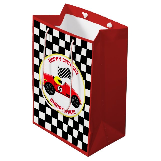 Race Car Theme Birthday Party Personalized Medium Gift Bag (Front Angled)