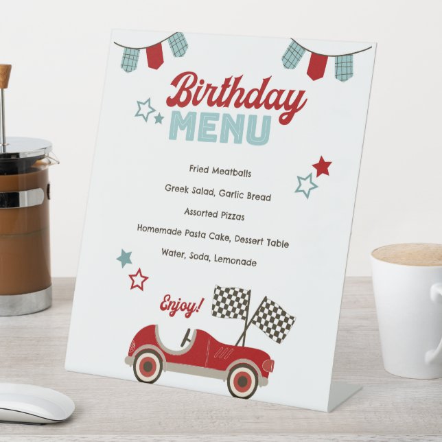 Race Car Themed Menu Pedestal Sign (In SItu)
