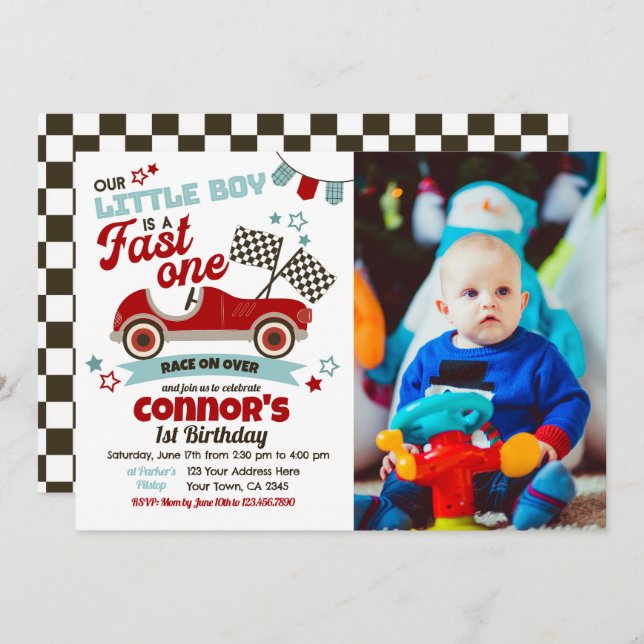 Race Car Themed Party Invitation for 2nd Birthday (Front/Back)