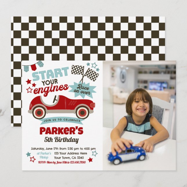 Race Car Themed Party Invitation with Photo (Front/Back)