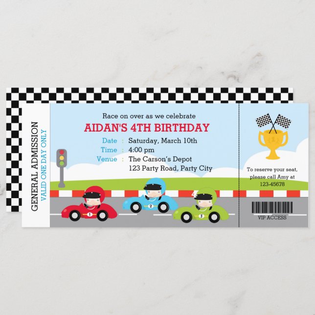 Race Car Ticket Birthday Invitations Boarding Pass (Front/Back)