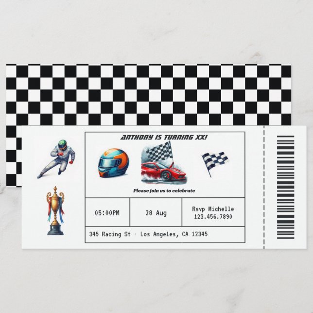 Race Car Ticket Birthday Party Invitation (Front/Back)