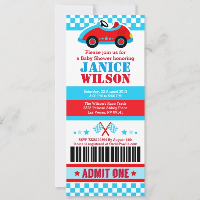 Race Car Ticket Pass Baby Shower Party Invitation (Front)