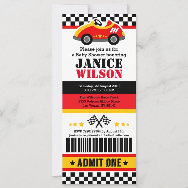 Race Car Ticket Pass Baby Shower Party Invitation (Front)