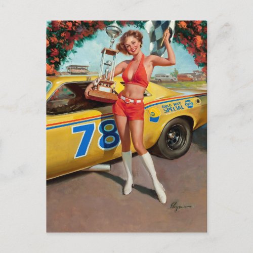Race car trophy vintage pinup girl postcard