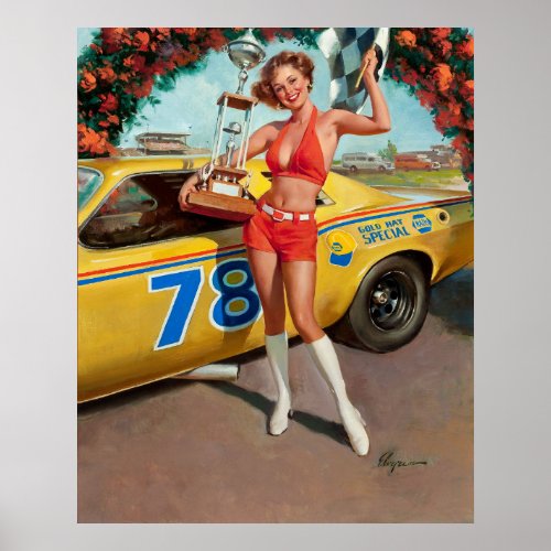 Race car trophy vintage pinup girl poster