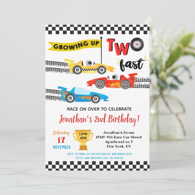  Race Car Two Fast 2nd Birthday Party Invitations  (Standing Front)