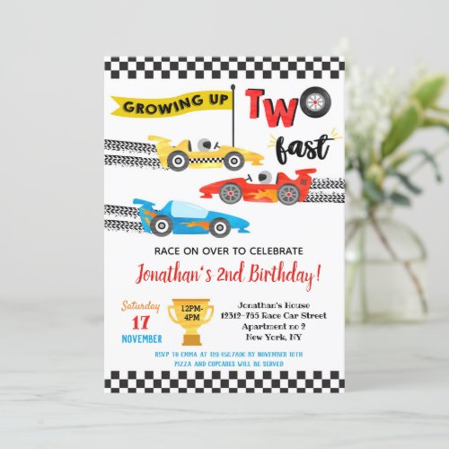  Race Car Two Fast 2nd Birthday Party Invitations 