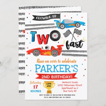 Race Car Two Fast 2nd Birthday Party Invitations by SugarPlumPaperie at Zazzle