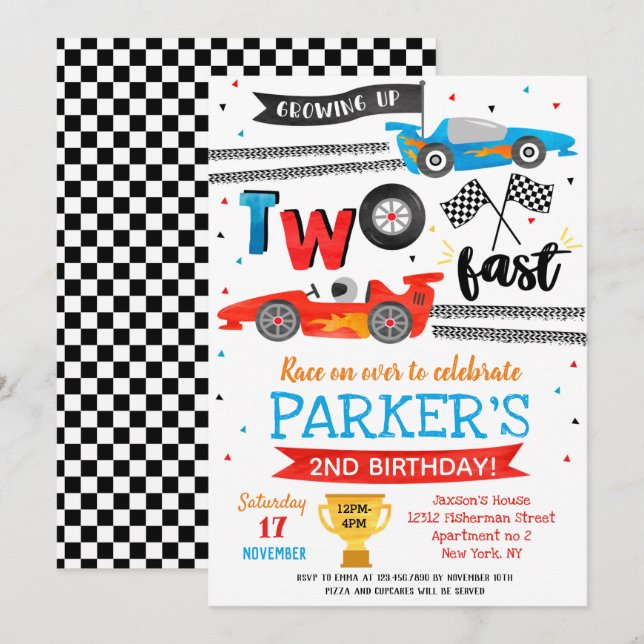  Race Car Two Fast 2nd Birthday Party Invitations  (Front/Back)