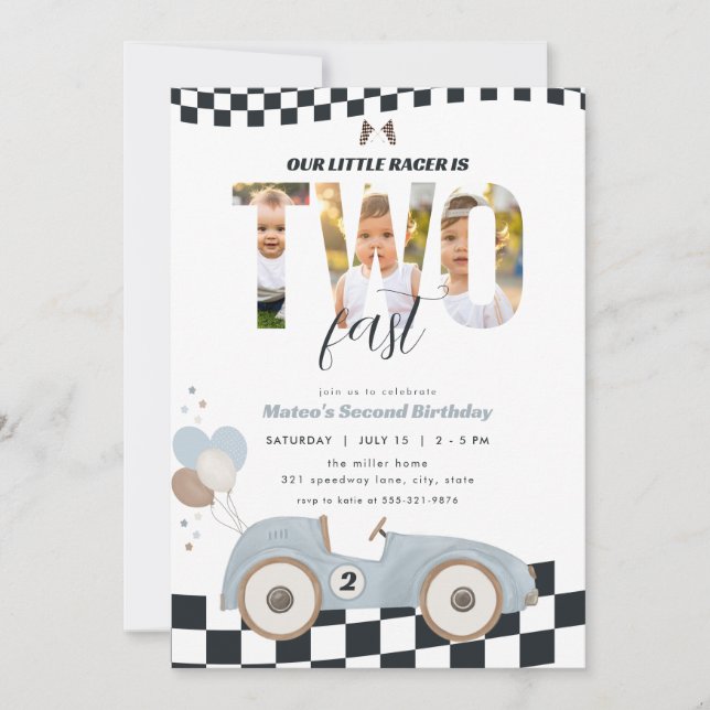 Race Car Two Fast Second Birthday Invite w/ Photo (Front)