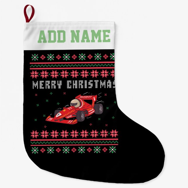 Race Car Ugly Christmas Sweater Large Christmas Stocking (Front)