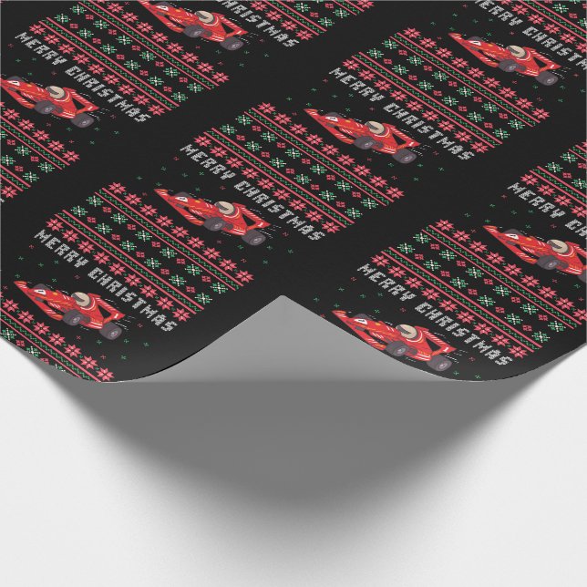 Race Car Ugly Christmas Sweater Wrapping Paper (Corner)
