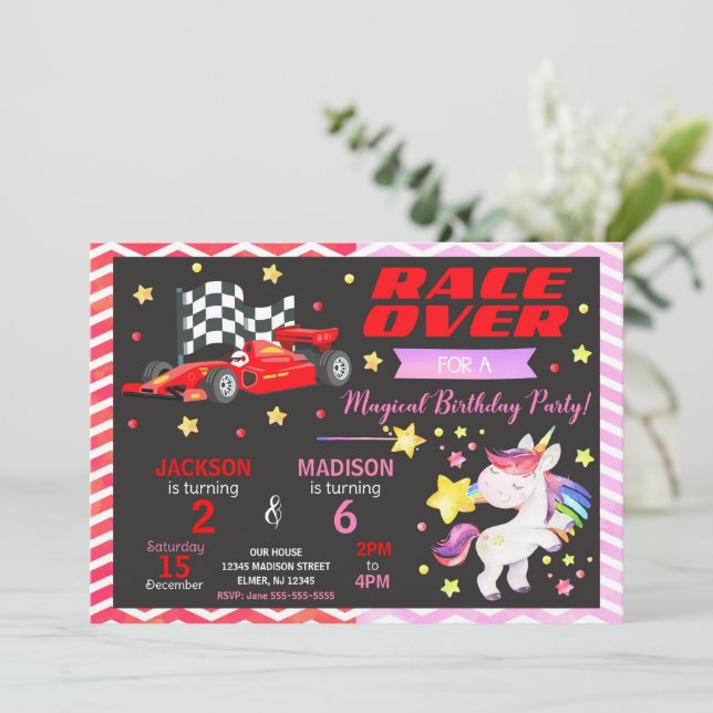 Race Car & Unicorn Joint Birthday Invitation (Standing Front)