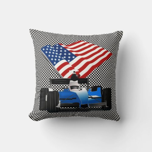 Race Car with American Flag Throw Pillow