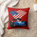 Race Car with American Flag Throw Pillow<br><div class="desc">* Vroom, Vroom! Jazz up your room! Blue Race Car with a winning American flag! * Pillows are available in three size options. * Fabric for outdoor or indoors and zipperless, too. * Find the right pillow for your home decor! * Resize the design for a larger or smaller print....</div>