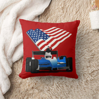 Race Car with American Flag Throw Pillow