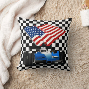 Race Car with American Flag Throw Pillow