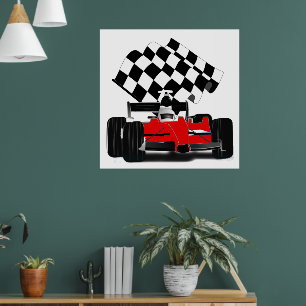 Race Car with Checkered Flag Poster