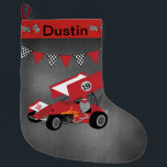 Race Car with Checkered Flags Large Christmas Stocking<br><div class="desc">Personalize this stocking by adding a name to this sprint car racing stocking with checkered flags and chalkboard background.</div>