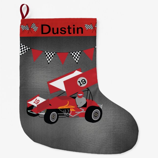 Race Car with Checkered Flags Large Christmas Stocking (Front)