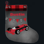 Race Car with Checkered Flags Large Christmas Stocking<br><div class="desc">Personalize this stocking by adding a name to this  racing stocking with checkered flags,  chalkboard background and Buffalo plaid border.</div>