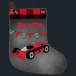 Race Car with Checkered Flags Large Christmas Stocking<br><div class="desc">Personalize this stocking by adding a name to this  racing stocking with checkered flags,  chalkboard background and Buffalo plaid border.</div>