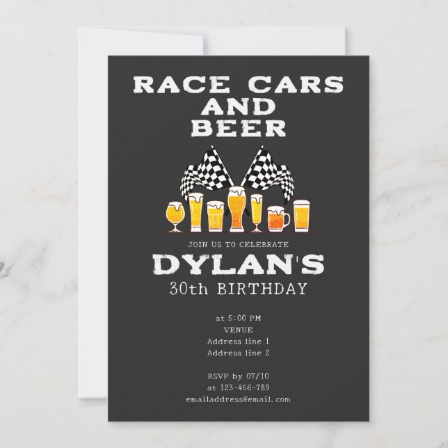 Race Cars and Beer Checkered Flag Raceday Birthday Invitation (Front)