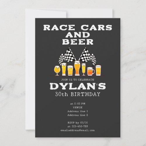 Race Cars and Beer Checkered Flag Raceday Birthday Invitation