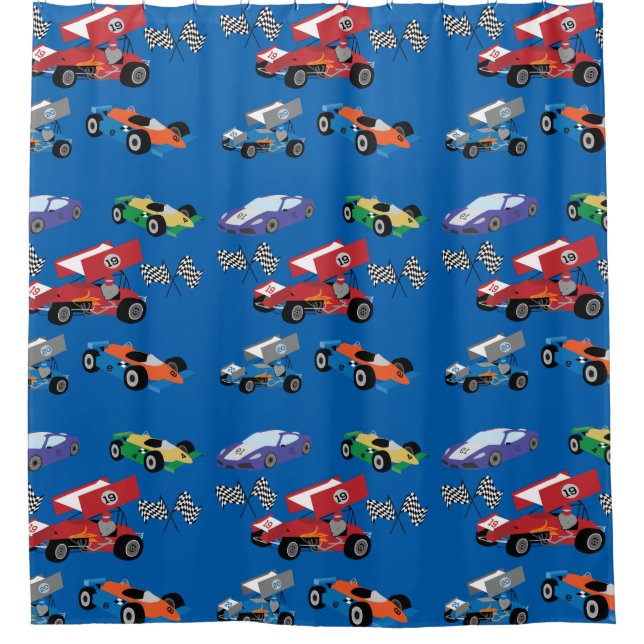 Race Cars and Checkered Flag Shower Curtain (Front)