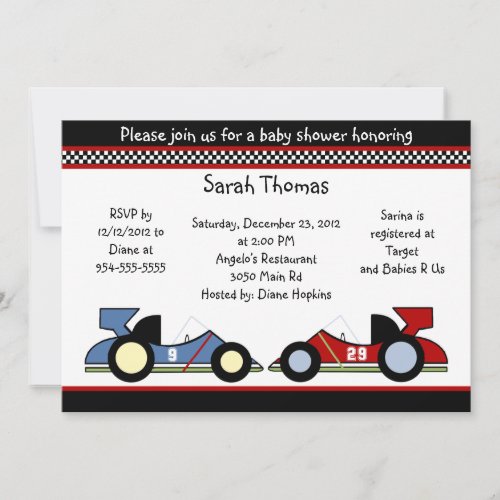 Race Cars Baby Shower/BirthdayInvitations