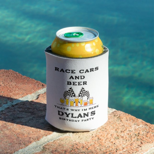 Race Cars & Beer Checkered Flag Raceday Birthday Can Cooler (In Situ Pool)