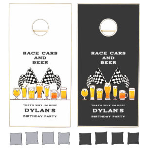Race Cars & Beer Checkered Flag Raceday Birthday Cornhole Set