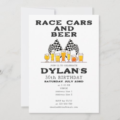 Race Cars  Beer Checkered Flag Raceday Birthday Invitation