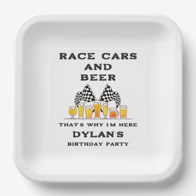 Race Cars & Beer Checkered Flag Raceday Birthday Paper Plates (Front)