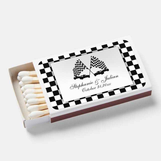 Race Cars Checker Flag Wedding Matchboxes (Front Open)
